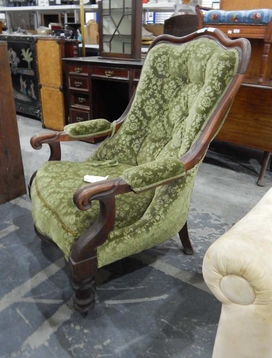 Victorian mahogany framed open arm easy chair with button upholstered back,