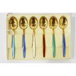 Set of six Norwegian silver-gilt and enamel coffee spoons having harlequin enamel handles,