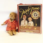 Old small plush bodied teddy bear, 26cm and a home made clock set,