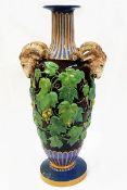 Majolica large pottery vase, fruiting vine decorated,