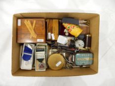 Various collectables including olive wood souvenir boxes, badges, military buttons, etc.