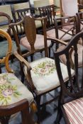 Edwardian inlaid mahogany elbow chair with woolwork embroidered seat and a Victorian balloon back