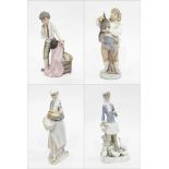 Lladro porcelain group of figures to include duck girl, wine seller,