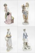 Lladro porcelain group of figures to include duck girl, wine seller,