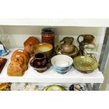 Pair of terracotta wall pockets, together with various Studio pottery bowls, jugs etc.