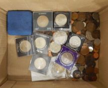 Quantity of crowns, copper and other coins and a Great Britain 1968 coins and stamps in a frame,