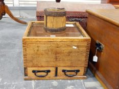 Glass-topped Hibachi with two drawers and carrying handles and a wooden pail