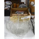 Moulded glass punchbowl and another with a boxed set of matching punch glasses