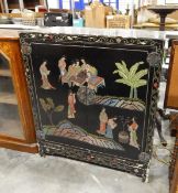 Oriental lacquered cabinet, overall decoration of figures around a gaming board with plants,