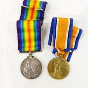 Two WWI medals, the War Medal and Victory Medal, both presented to Pte J Mosley,