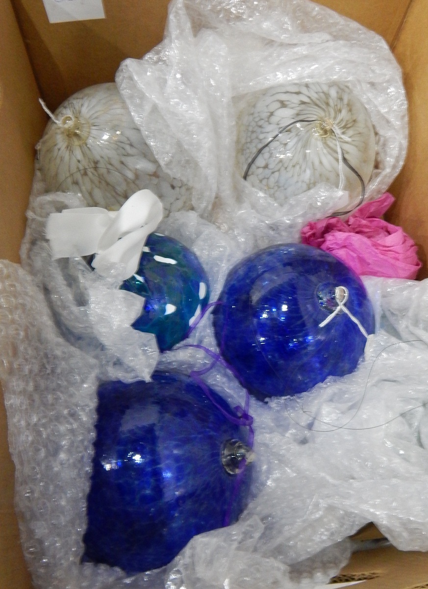 Two boxes of china, wooden shoe lasts, hand blown glass spheres,