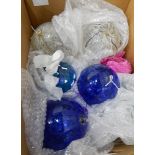 Two boxes of china, wooden shoe lasts, hand blown glass spheres,