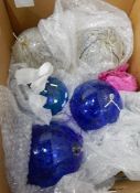 Two boxes of china, wooden shoe lasts, hand blown glass spheres,