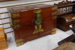 Chinese teak and brass-mounted jewellery box,