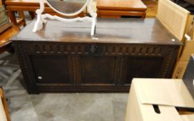 18th century oak and elm coffer having three panelled front and on stile feet,