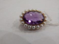 Gold, amethyst and cultured pearl brooch,