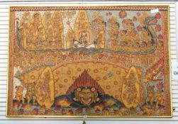 Balinese Kamasan style temple painting on cloth showing dragon, Hindu gods, animals and fish,