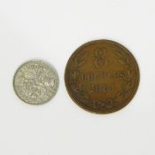 Guernsey eight dobles 1864 coin (worn) and a silver sixpence (2)