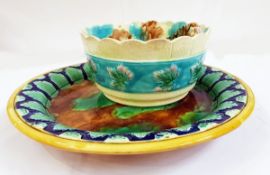 Large majolica dish with foliate border and a majolica bowl, mottled,