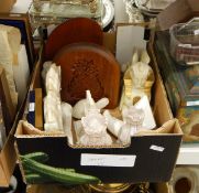 Quantity of boxed framed artefacts, reproduction Egyptian items, polished stone bookends, etc.