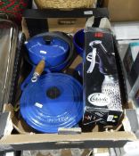 Blue Le Creuset casserole dish, lidded saucepan and another cast iron pan, a boxed soda syphon,