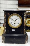 Late Victorian slate and marble inlaid mantel clock with enamel dial, Roman numerals, Tanner,