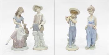 Four Lladro figures of children carrying flowers, playing with dog,