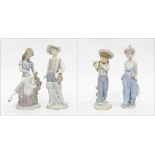 Four Lladro figures of children carrying flowers, playing with dog,