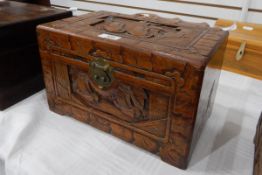 Chinese carved rectangular cedar wood box decorated with sailing junks,