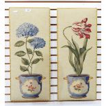 Pair of botanical tapestry panels depicting tulips and hydrangea,