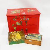 Small painted table-top chest of drawers and four various decorative boxes