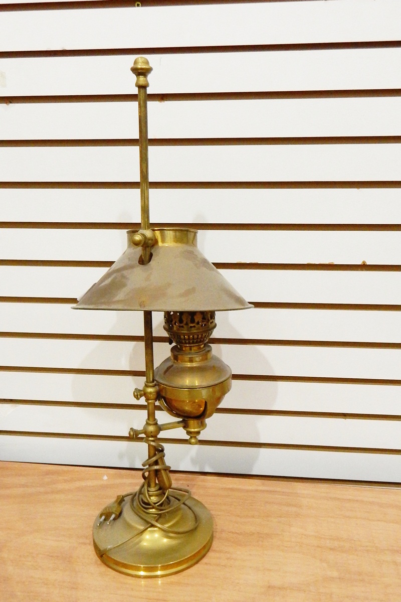 Quantity of brass oil lamps, shades, etc.