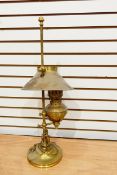 Quantity of brass oil lamps, shades, etc.