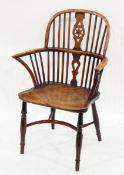 Early 19th century yew and elm seated hardwood wheelback kitchen chair having turned supports and