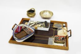 Daguerreotype, silks, a collection of pen knives, metalware, old tray, etc.