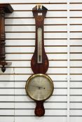 Georgian mahogany and satinwood inlaid cased wheel barometer with broken arch pediment,