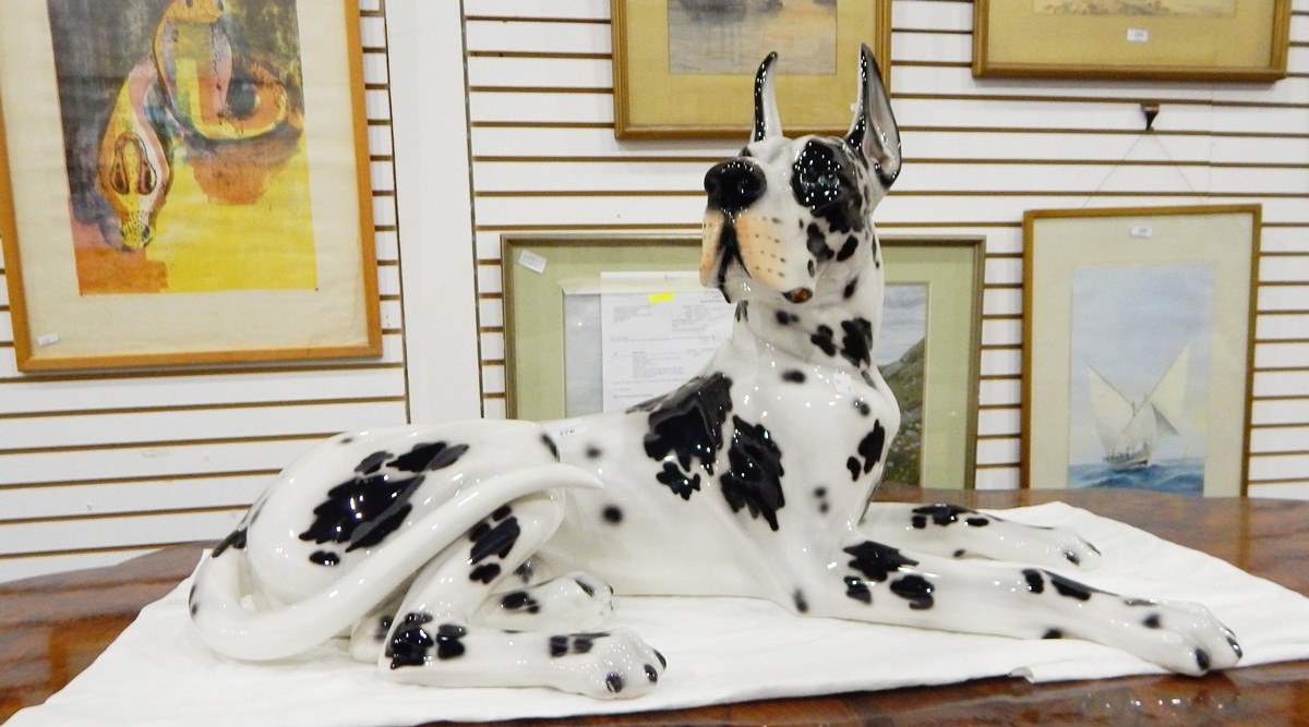 Large scale ceramic model of a harlequin great dane,