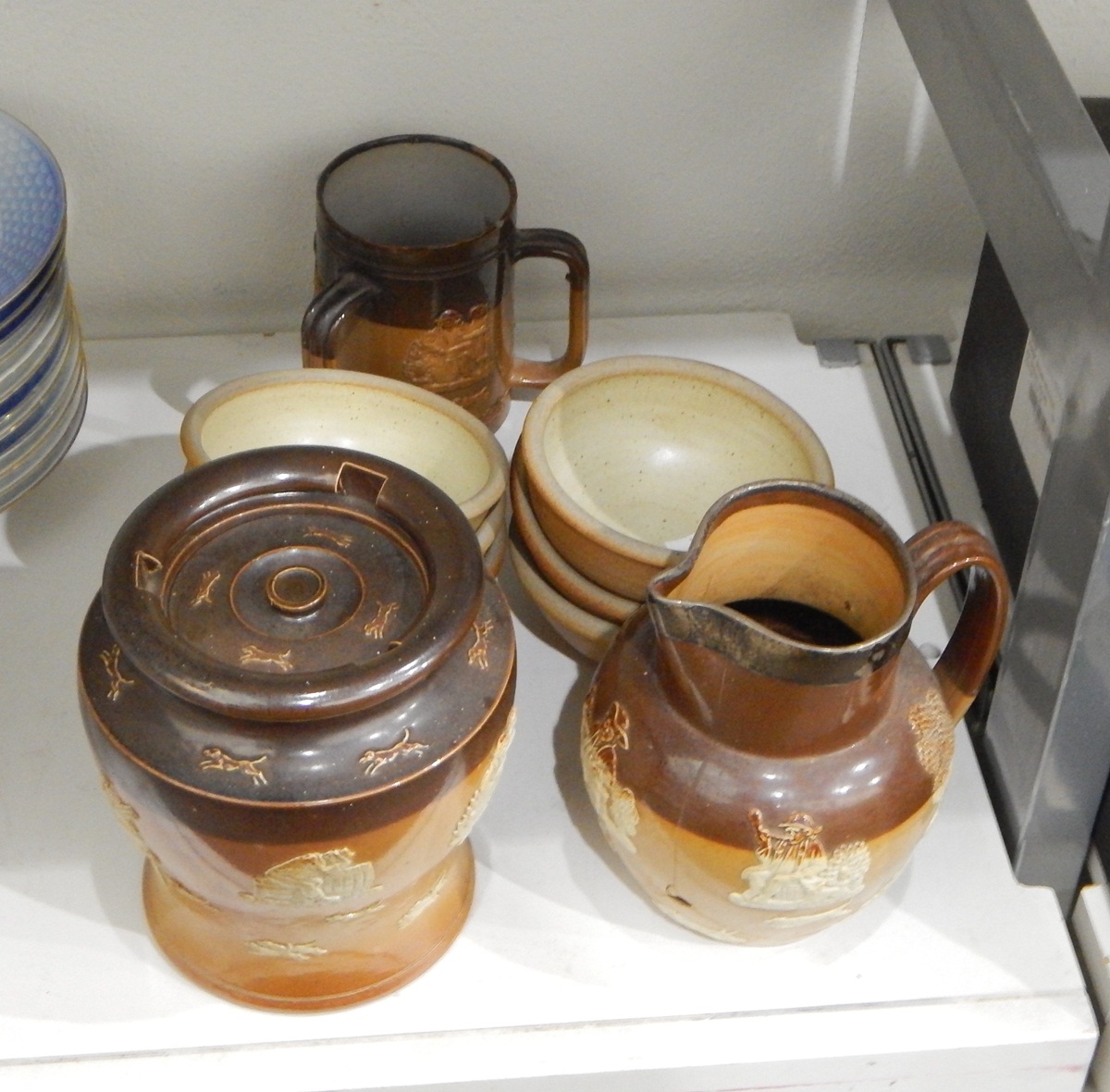 Doulton stoneware brown glazed triple handled mug, jar and cover,