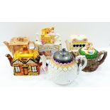 Novelty teapots to include cottageware, Victorian leaf-moulded teapot with pewter lid, etc.