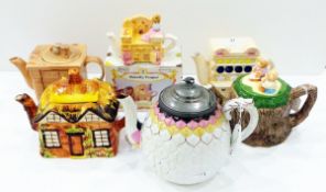 Novelty teapots to include cottageware, Victorian leaf-moulded teapot with pewter lid, etc.