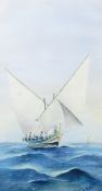 J Galea (Maltese(?)) Watercolour drawing Twin mast sailing boats at sea, indistinctly signed,