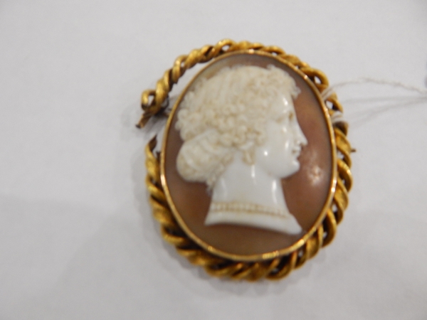 Late 19th century oval cameo brooch, profile portrait of lady with tied up curly hair,