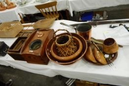 Various items including copper pedestal bowl, pan, pair of shoe trees,