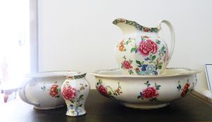 'Whieldon' pottery four piece toilet set in the Chinese Rose pattern viz:- ewer, basin,