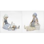 Porcelain figure of a seated girl with ducklings and another girl with turkey