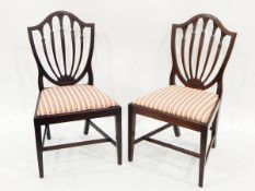 Set of four mahogany Hepplewhite-style shield-back dining chairs having regency striped fabric