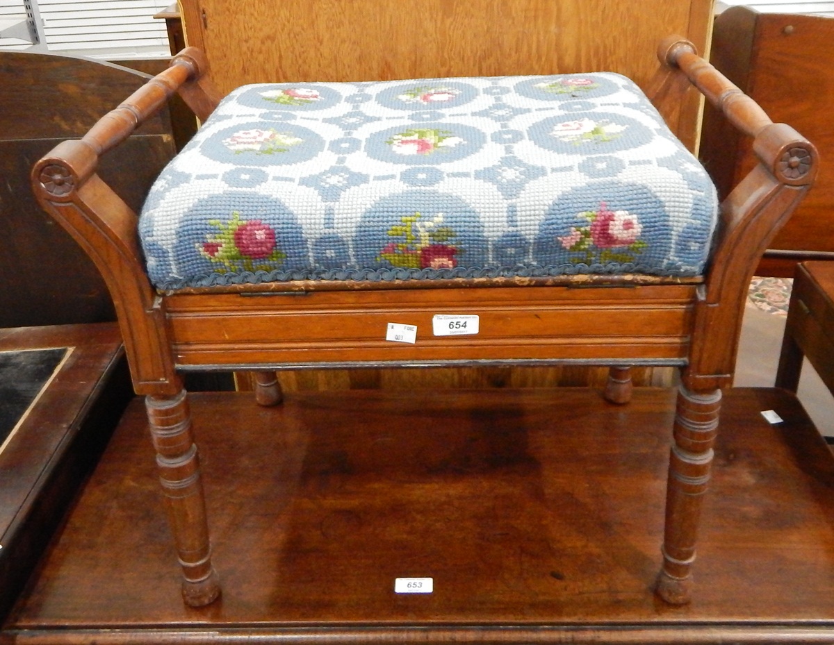 Edwardian box-seat piano stool on turned supports and with woolwork embroidered pad seat