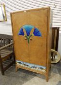 Oak veneered circa 1930's gent's wardrobe with painted decoration in the Arts & Crafts style,