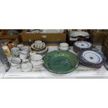 Large studio pottery dish, green and blue slipware,