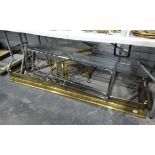 Brass fire curb, a nest of coffee tables with faux-marble tops, supported on brass reeded legs,